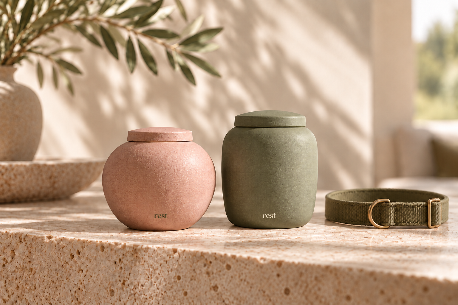 Small dusty rose and olive pet urn concepts with discreet rest wordmarks near their bases, beside a pet collar
