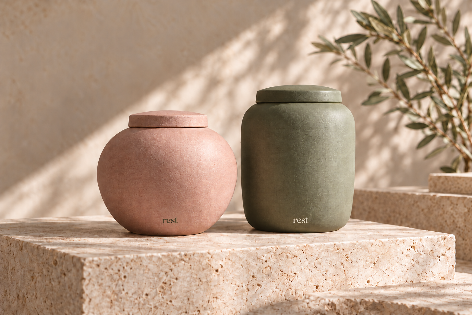 Dusty rose and olive ceramic urn concepts on a natural stone surface